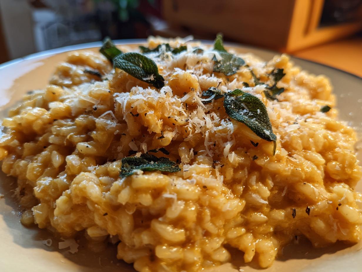 Close-up of a plate of creamy Baked Butternut Squash Risotto, topped with grated Parmesan and fresh sage leaves.