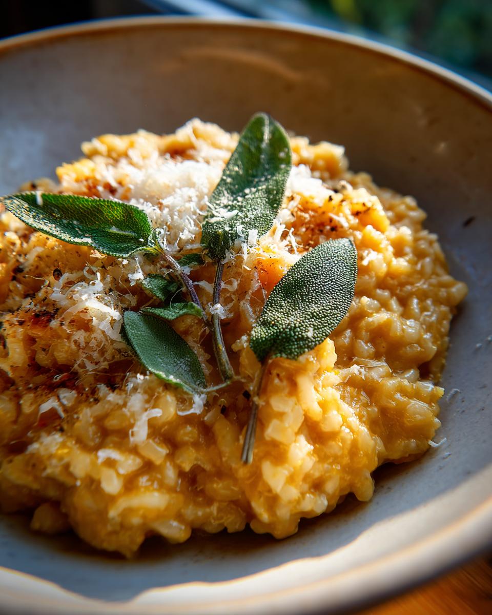 Close-up of a bowl of creamy Baked Butternut Squash Risotto, topped with fresh sage leaves and grated Parmesan cheese.