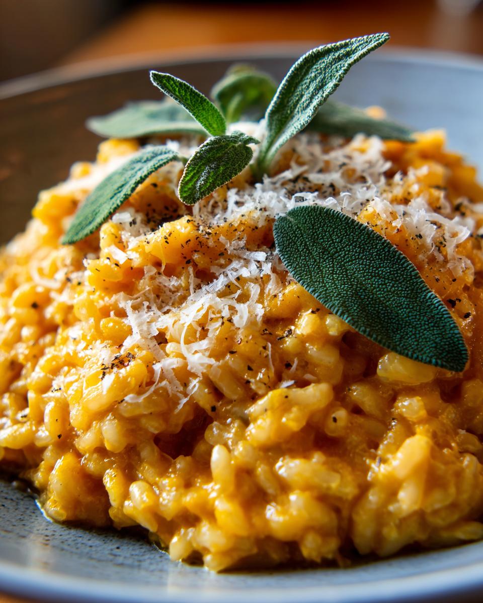 Close-up of a bowl of creamy Baked Butternut Squash Risotto, topped with grated Parmesan and fresh sage leaves.