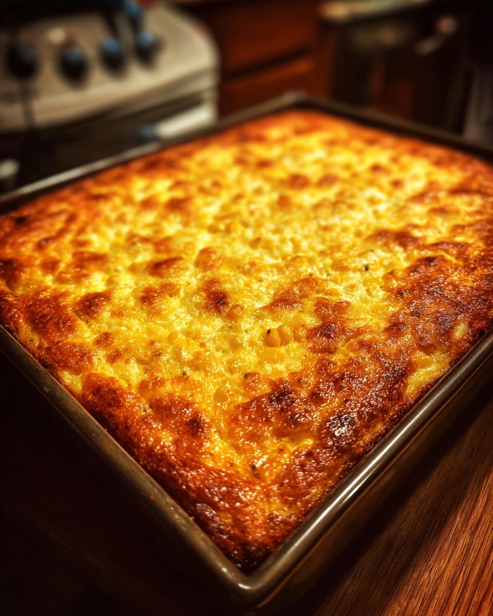 A close-up, angled shot of a freshly baked corn casserole in a metal baking pan, with golden brown edges.