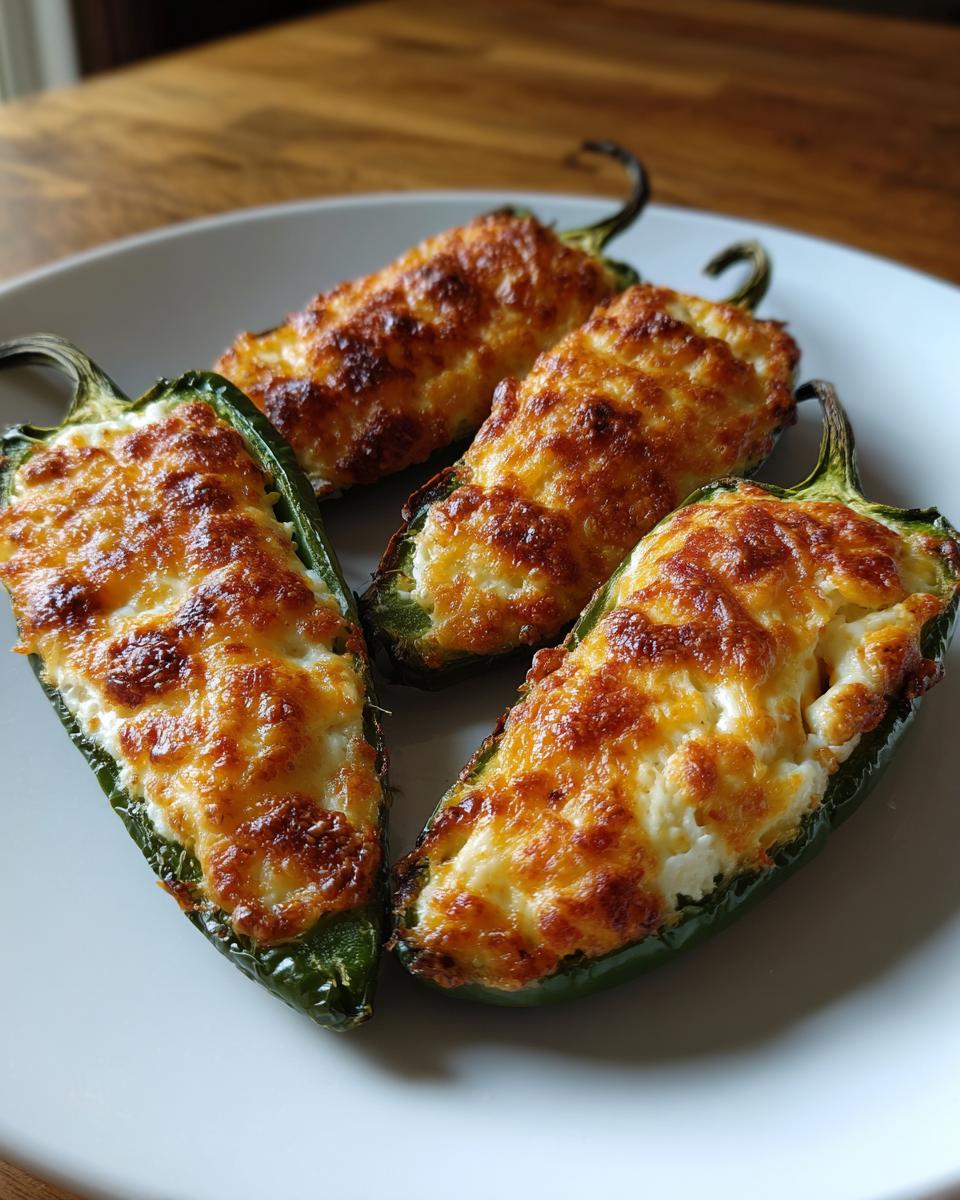 Close-up of four baked jalapeño poppers filled with creamy cheese and topped with golden-brown melted cheese.