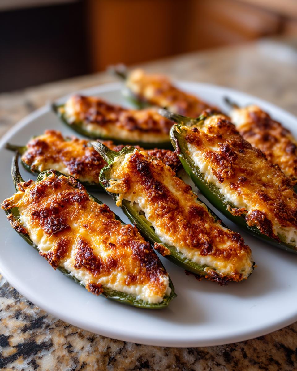 A plate of freshly baked jalapeño poppers filled with creamy cheese and topped with golden-brown melted cheese.