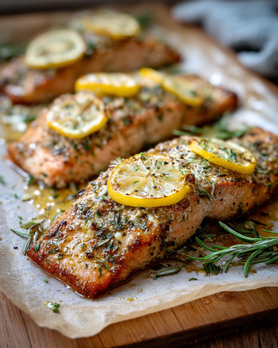 Close-up of tender baked salmon fillets topped with lemon slices and fresh herbs.