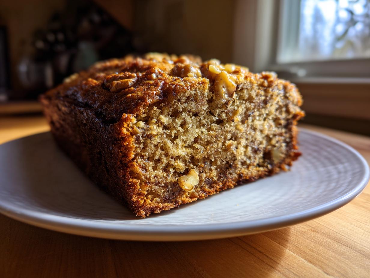 A close-up of a slice of moist banana bread with walnuts, showcasing its texture and topping.