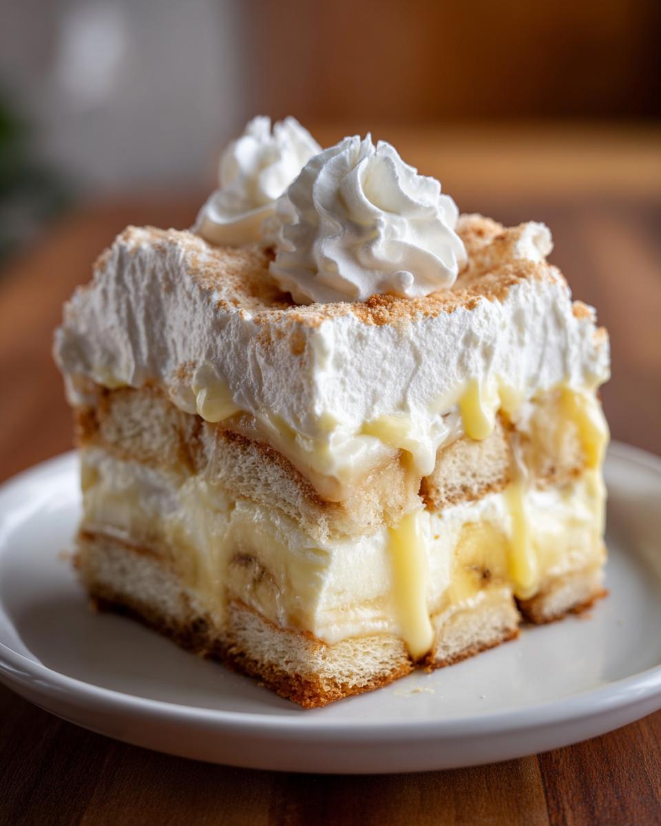 A decadent slice of banana pudding layered with vanilla wafers, creamy pudding, fresh bananas, and whipped cream.