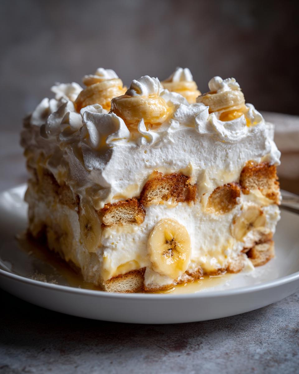 A decadent slice of banana pudding layered with wafers, fresh bananas, and whipped cream.