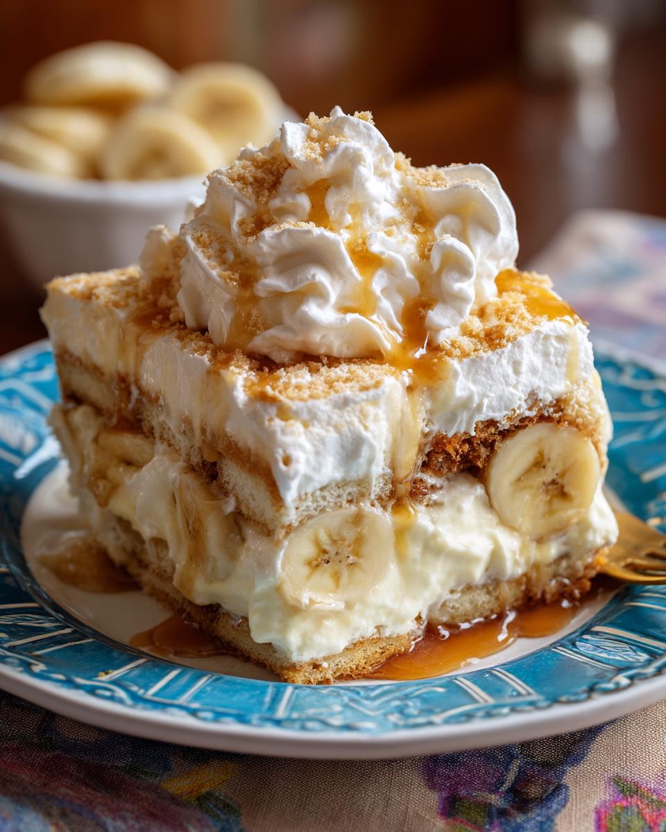 A generous slice of heavenly banana pudding, layered with cookies, bananas, and creamy pudding, topped with whipped cream and caramel.