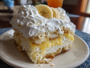 A generous slice of creamy banana pudding layered with vanilla wafers and topped with whipped cream and banana slices.