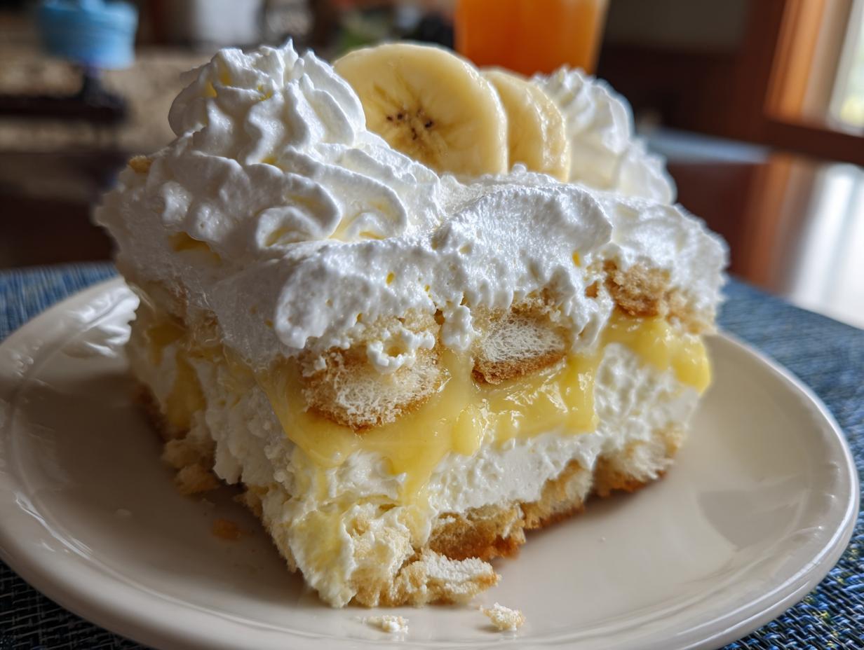 A generous slice of creamy banana pudding layered with vanilla wafers and topped with whipped cream and banana slices.