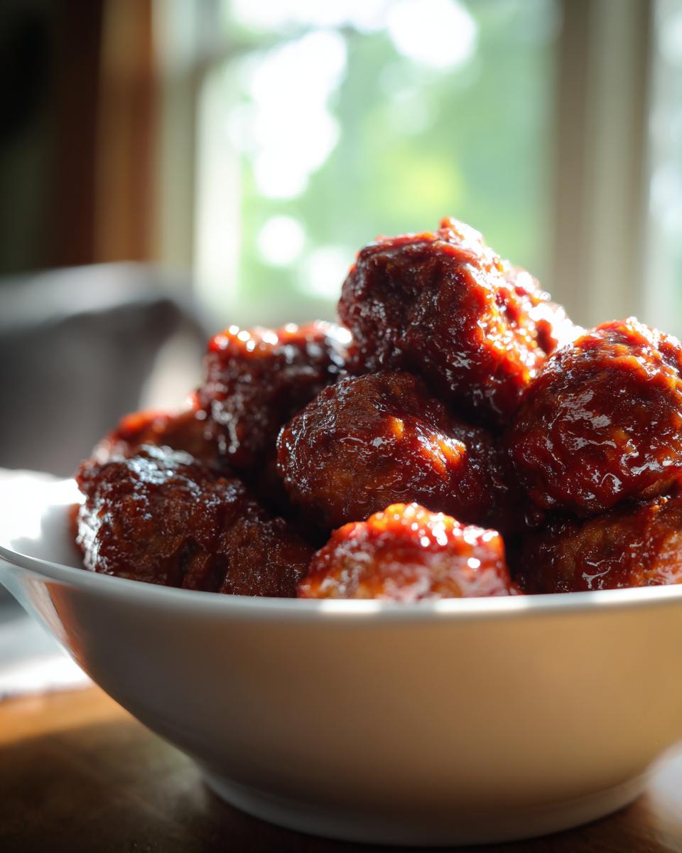 Close-up of a white bowl filled with glistening BBQ meatballs coated in a rich, dark sauce.