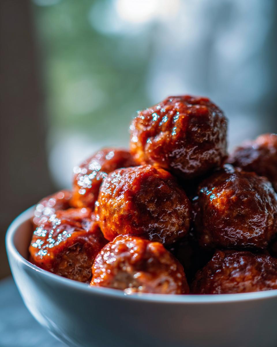Close-up of a white bowl filled with glistening BBQ meatballs, coated in a rich, glossy sauce.