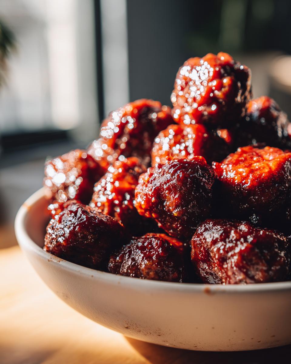 A close-up shot of a bowl filled with glistening, saucy BBQ meatballs.