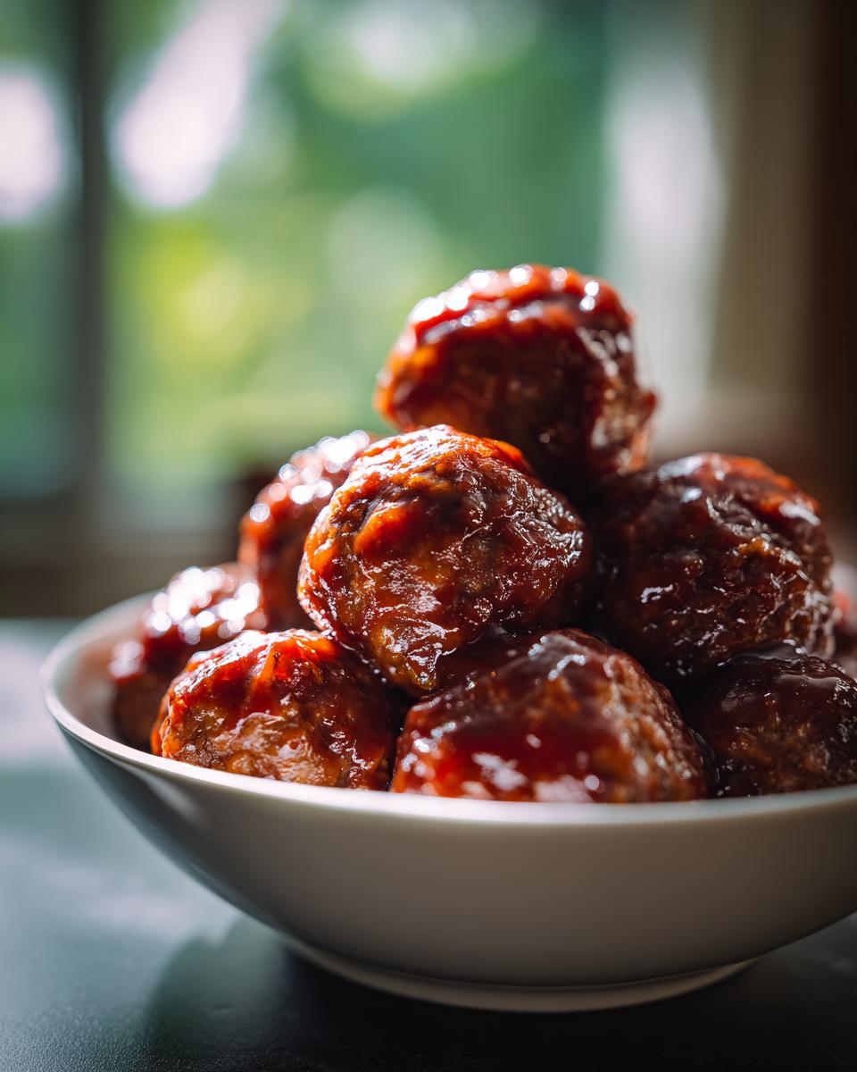 A close-up shot of a bowl filled with glistening BBQ meatballs, coated in a rich sauce.