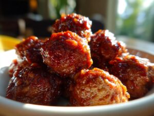 Close-up of a bowl filled with glistening, glazed BBQ meatballs.