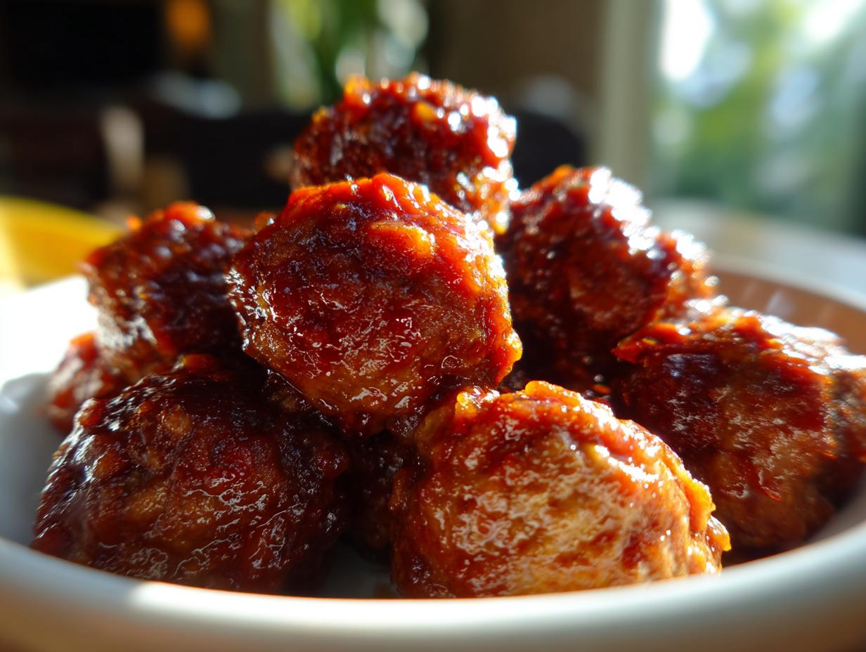Close-up of a bowl filled with glistening, glazed BBQ meatballs.