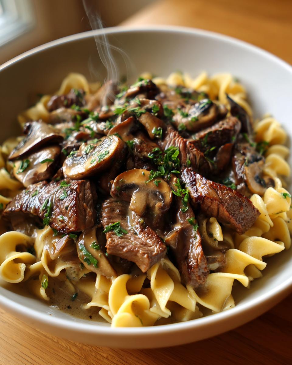 A steaming bowl of Beef Stroganoff served over wide egg noodles, topped with sliced mushrooms and fresh parsley.