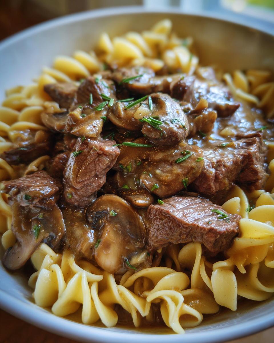 A close-up of a bowl of Beef Stroganoff, featuring tender beef pieces, sautéed mushrooms, and creamy sauce served over egg noodles.