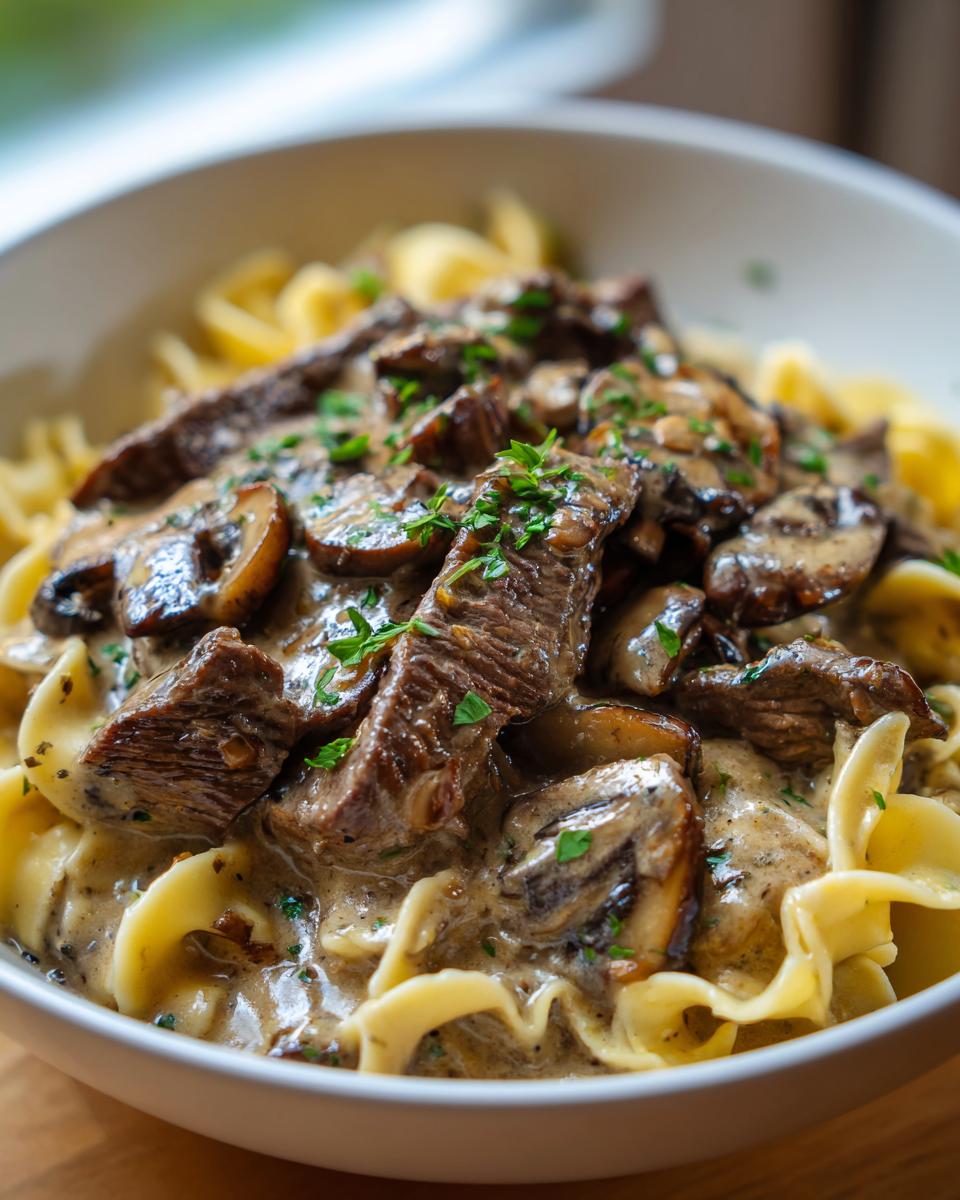 A close-up of a bowl of Beef Stroganoff, featuring tender beef strips, sautéed mushrooms, and creamy sauce over egg noodles, garnished with parsley.
