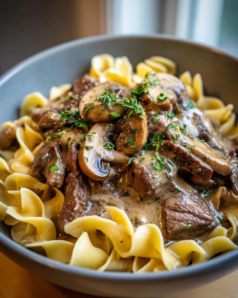 A close-up of a bowl of Beef Stroganoff, featuring tender beef strips, sautéed mushrooms, and creamy sauce served over egg noodles, garnished with parsley.