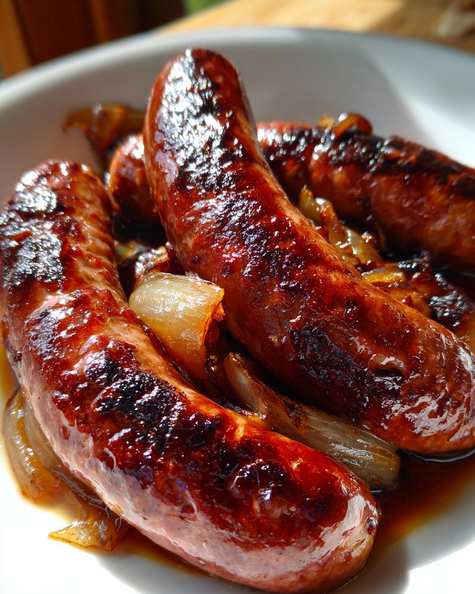 Close-up of glistening Beer Braised Bratwurst served with caramelized onions in a white bowl.