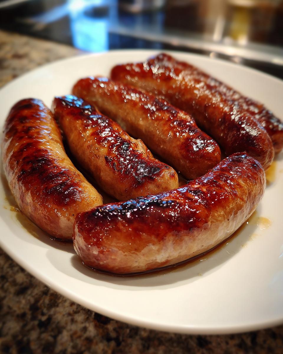 Close-up of several perfectly cooked, glistening Beer Braised Bratwurst on a white plate.