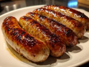 A close-up shot of five perfectly cooked Beer Braised Bratwurst sausages on a white plate, glistening and browned.