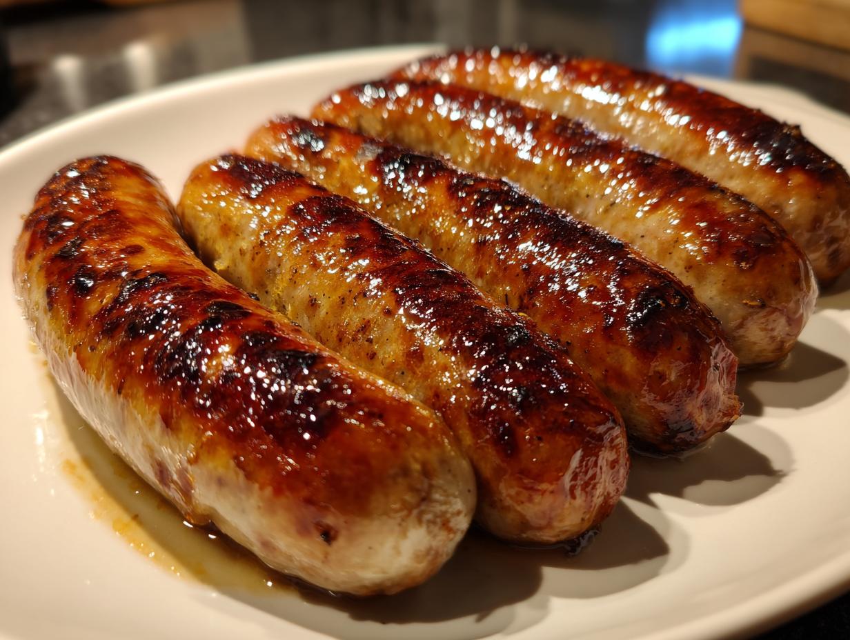 A close-up shot of five perfectly cooked Beer Braised Bratwurst sausages on a white plate, glistening and browned.