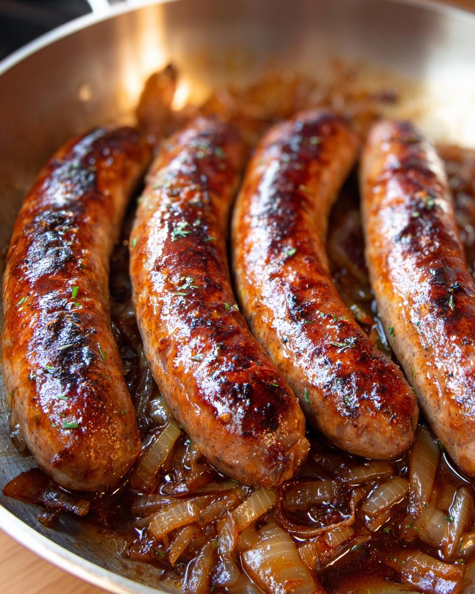 Close-up of four Beer Braised Bratwurst links simmering in a pan with caramelized onions and sauce.