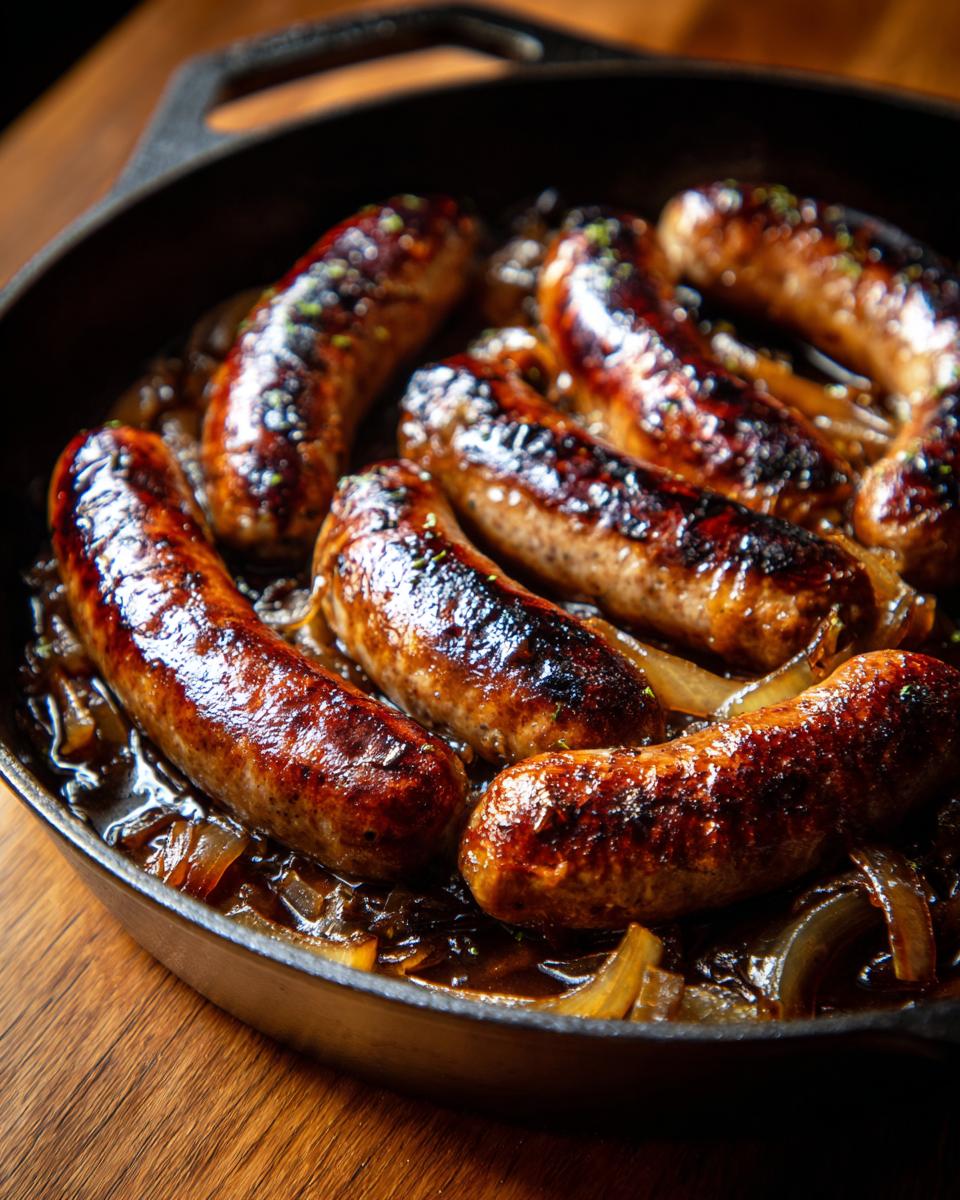 Close-up of Beer Braised Bratwurst sizzling in a cast iron skillet with caramelized onions.