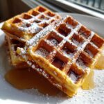 A close-up of golden Belgian waffles stacked on a white plate, dusted with powdered sugar and drizzled with syrup.