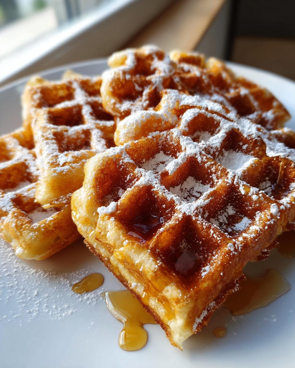 A close-up of golden Belgian waffles dusted with powdered sugar and drizzled with syrup.
