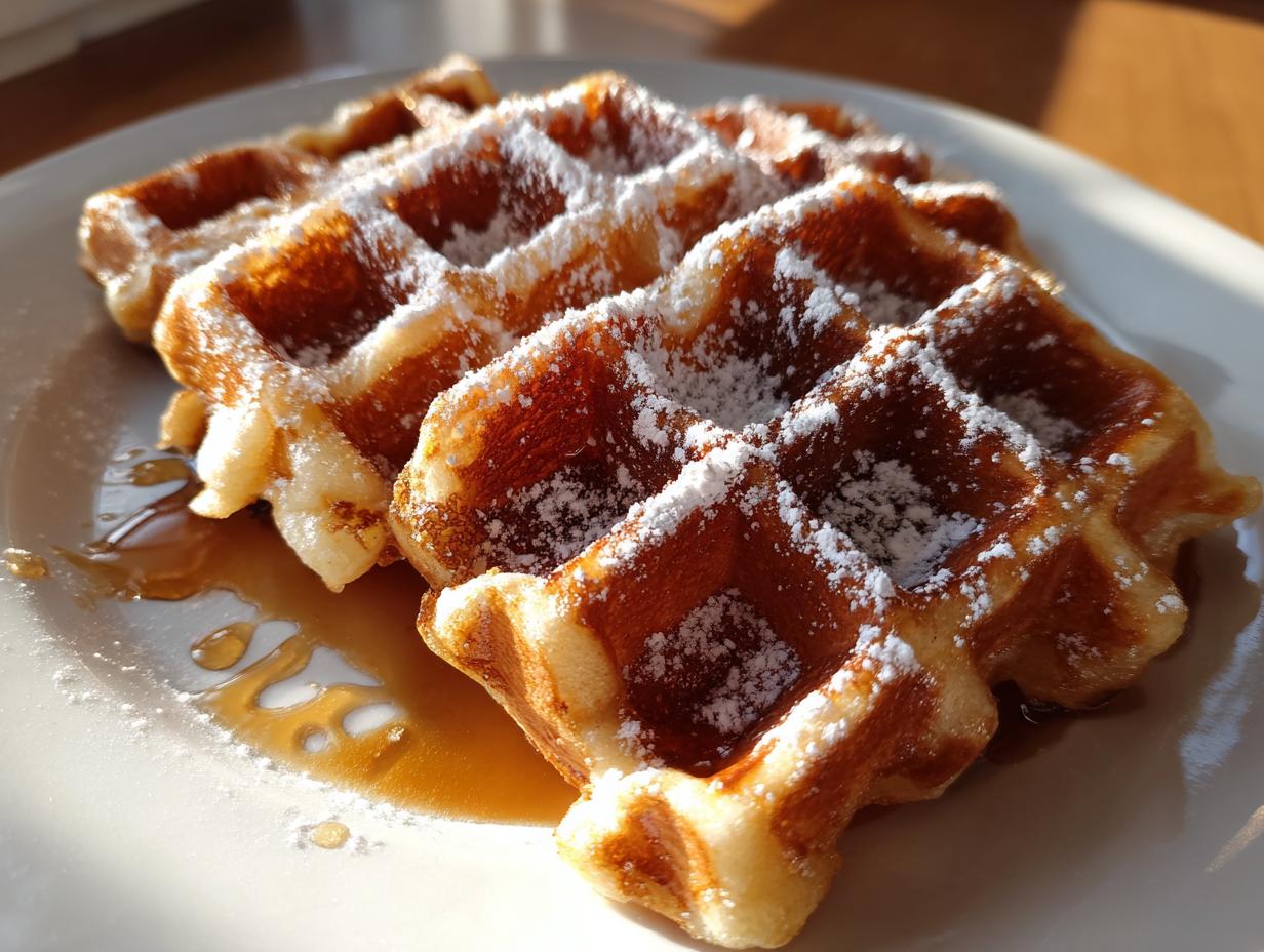 Close-up of golden Belgian waffles dusted with powdered sugar and drizzled with syrup on a white plate.