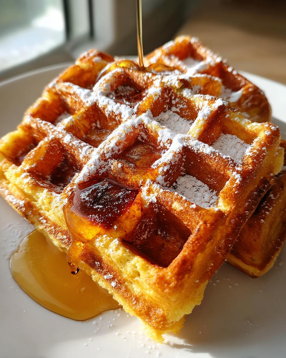 Close-up of golden Belgian waffles dusted with powdered sugar and drizzled with syrup.