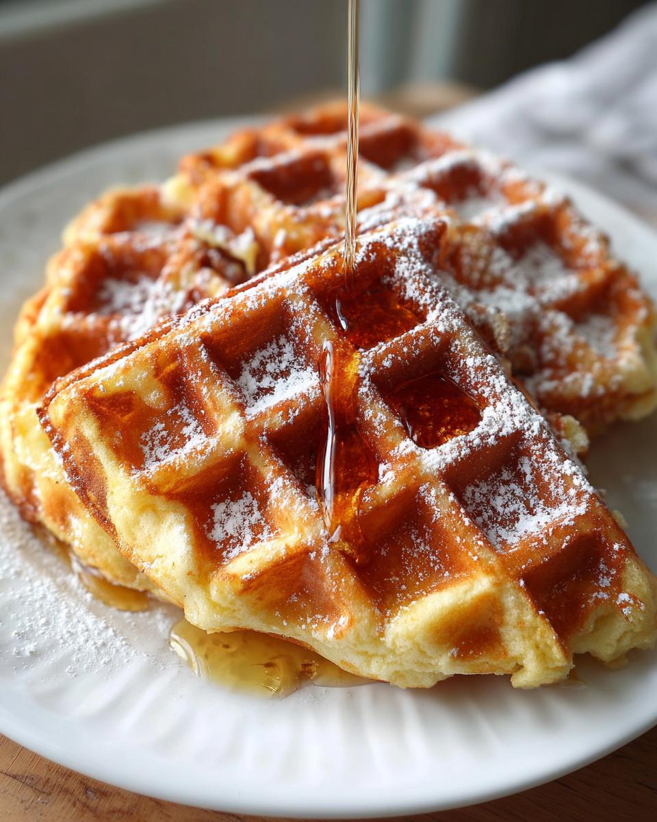 Close-up of golden Belgian waffles drizzled with syrup and dusted with powdered sugar on a white plate.
