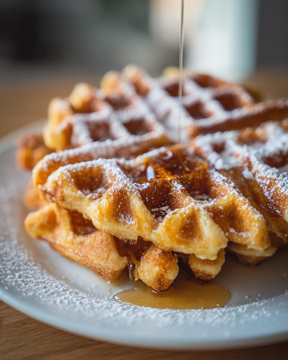 A stack of golden Belgian waffles generously dusted with powdered sugar and drizzled with syrup.