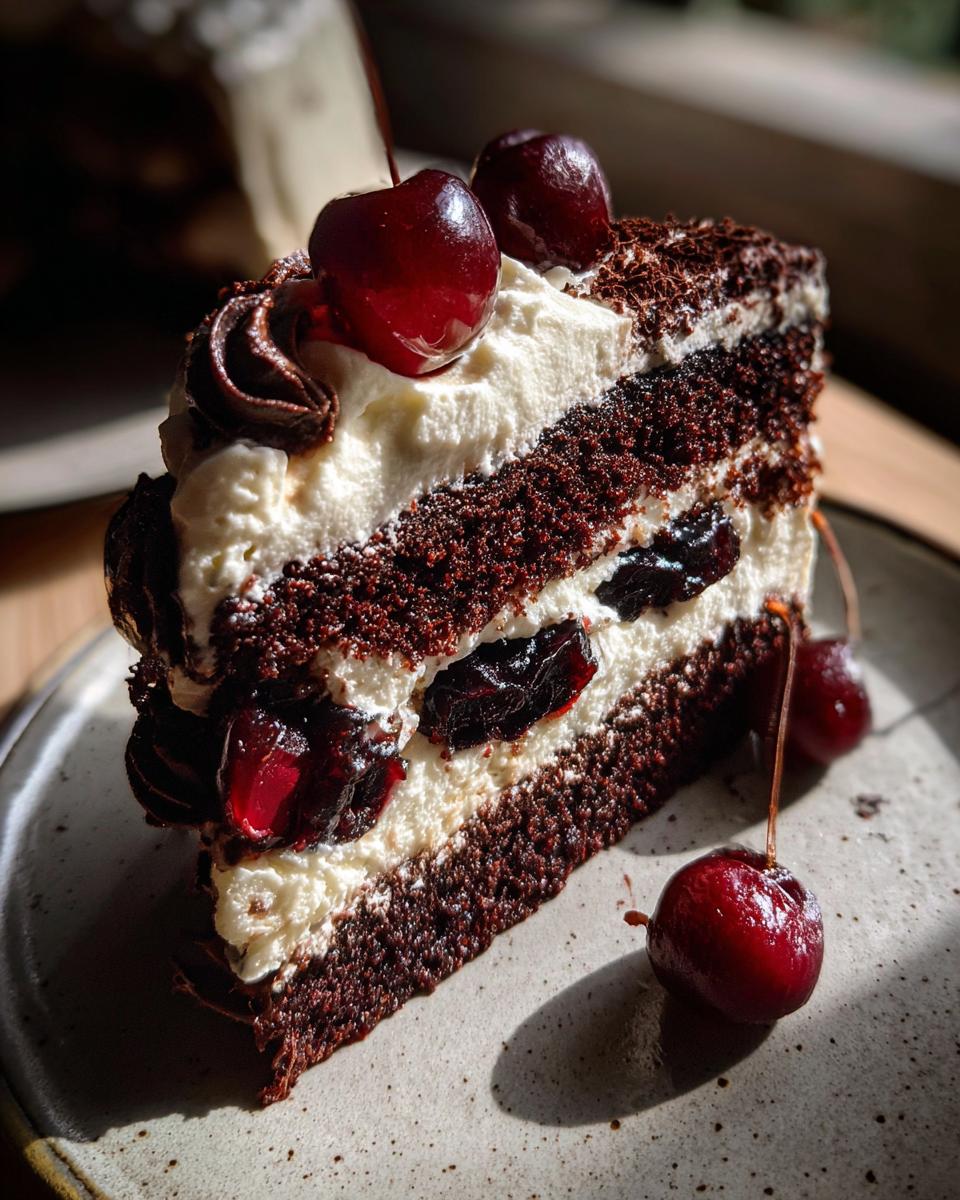 A decadent slice of Black Forest Cake, featuring layers of chocolate cake, whipped cream, and cherries, topped with fresh cherries and chocolate shavings.