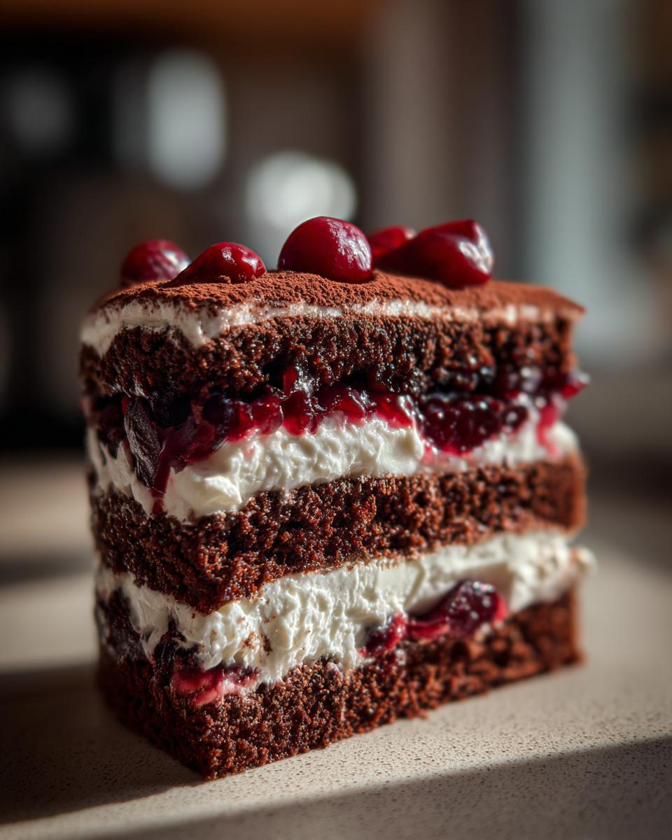A close-up of a slice of Black Forest Cake, featuring layers of chocolate cake, whipped cream, and cherries.