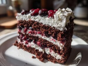 A rich slice of Black Forest Cake, showcasing layers of chocolate cake, whipped cream, and cherries.