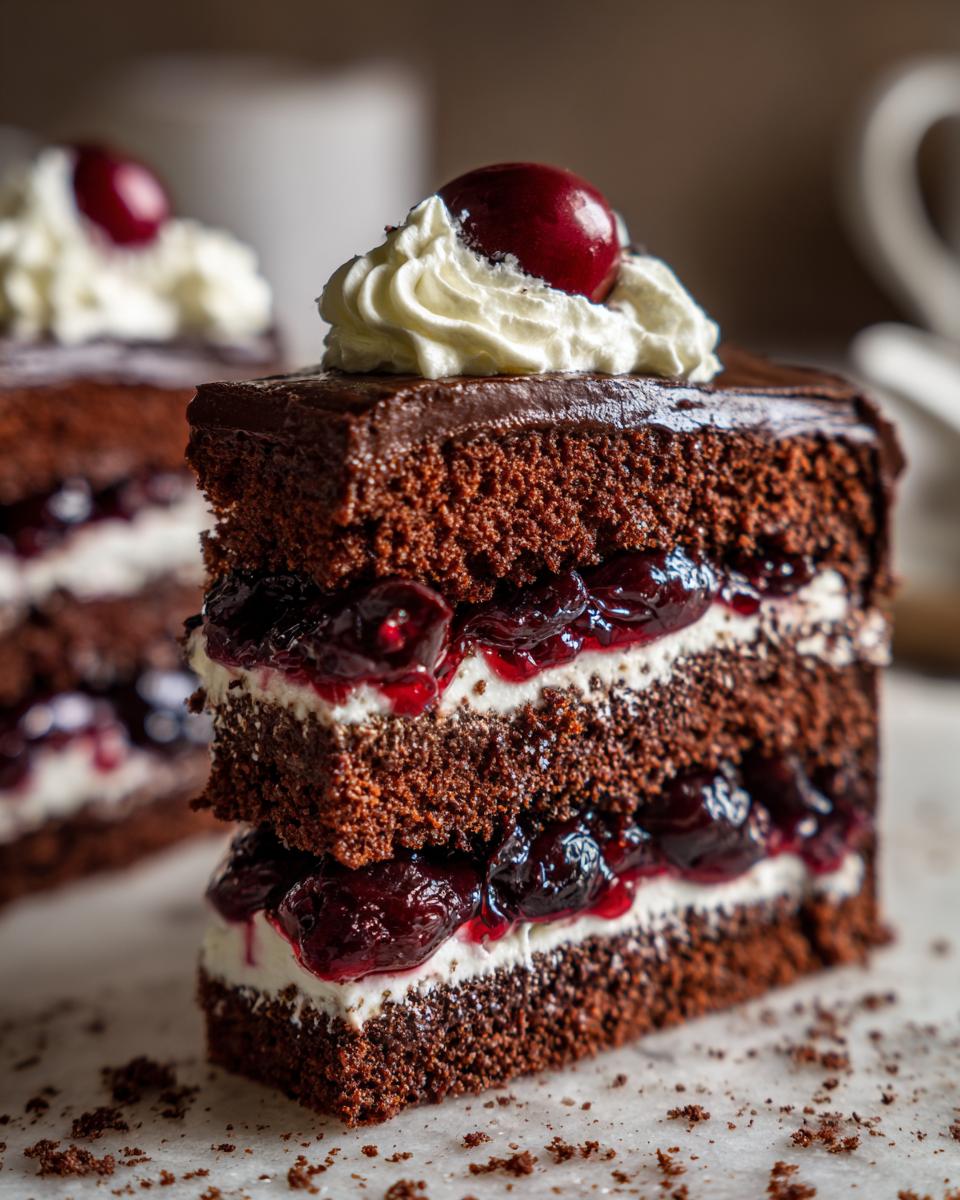 A rich slice of Black Forest Cake with layers of chocolate cake, whipped cream, and cherries, topped with a cherry.