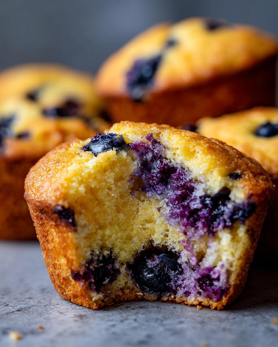 Close-up of a perfect blueberry muffin, with a bite taken out, revealing juicy blueberries inside.