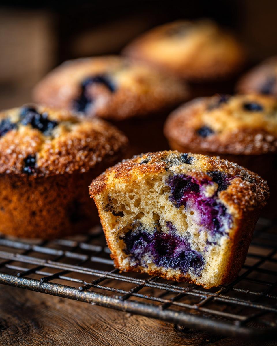 Close-up of a perfect blueberry muffin, with a bite taken out, revealing juicy blueberries and a fluffy interior.