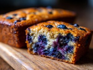 Close-up of a slice of perfect blueberry muffins, showing plump blueberries and moist cake texture.