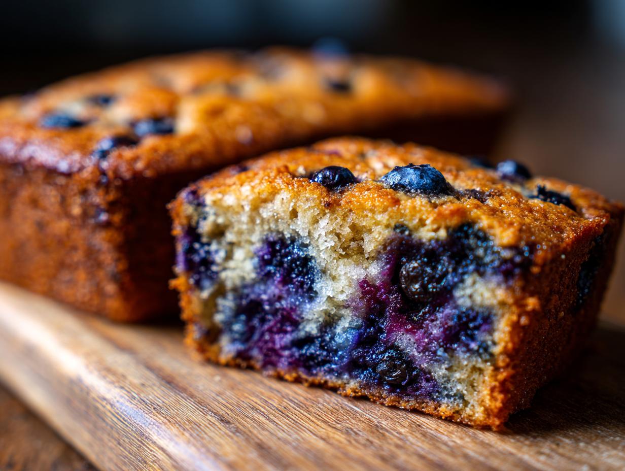 Close-up of a slice of perfect blueberry muffins, showing plump blueberries and moist cake texture.