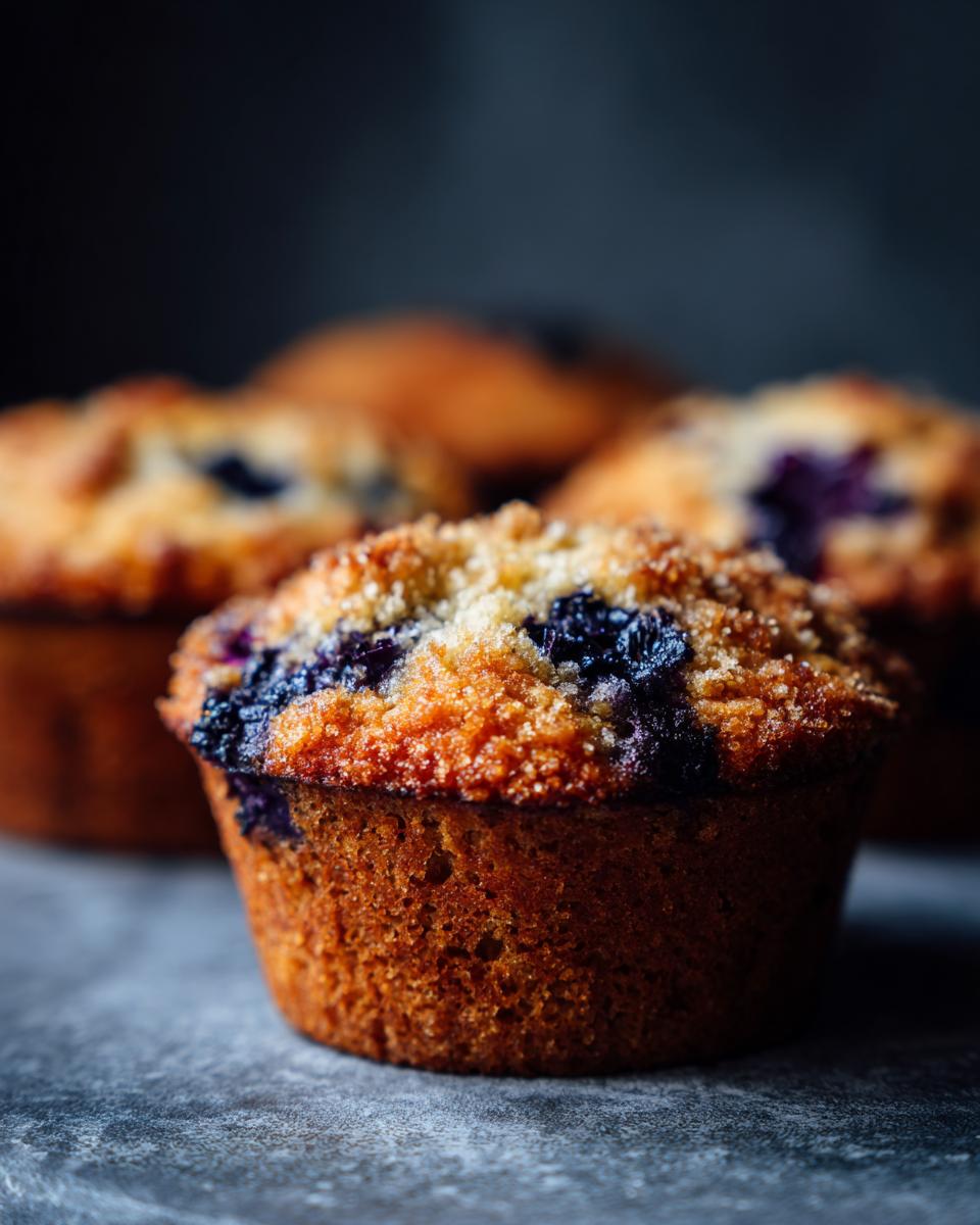 Close-up of a perfect blueberry muffin with a golden-brown streusel topping and visible blueberries.
