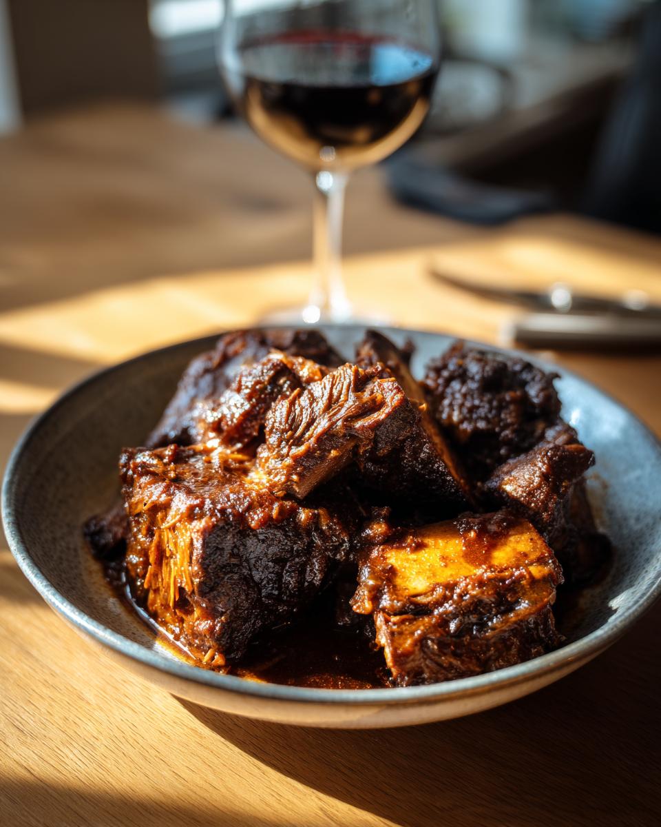 A close-up of tender braised short ribs in a rich sauce, served in a bowl with a glass of red wine.