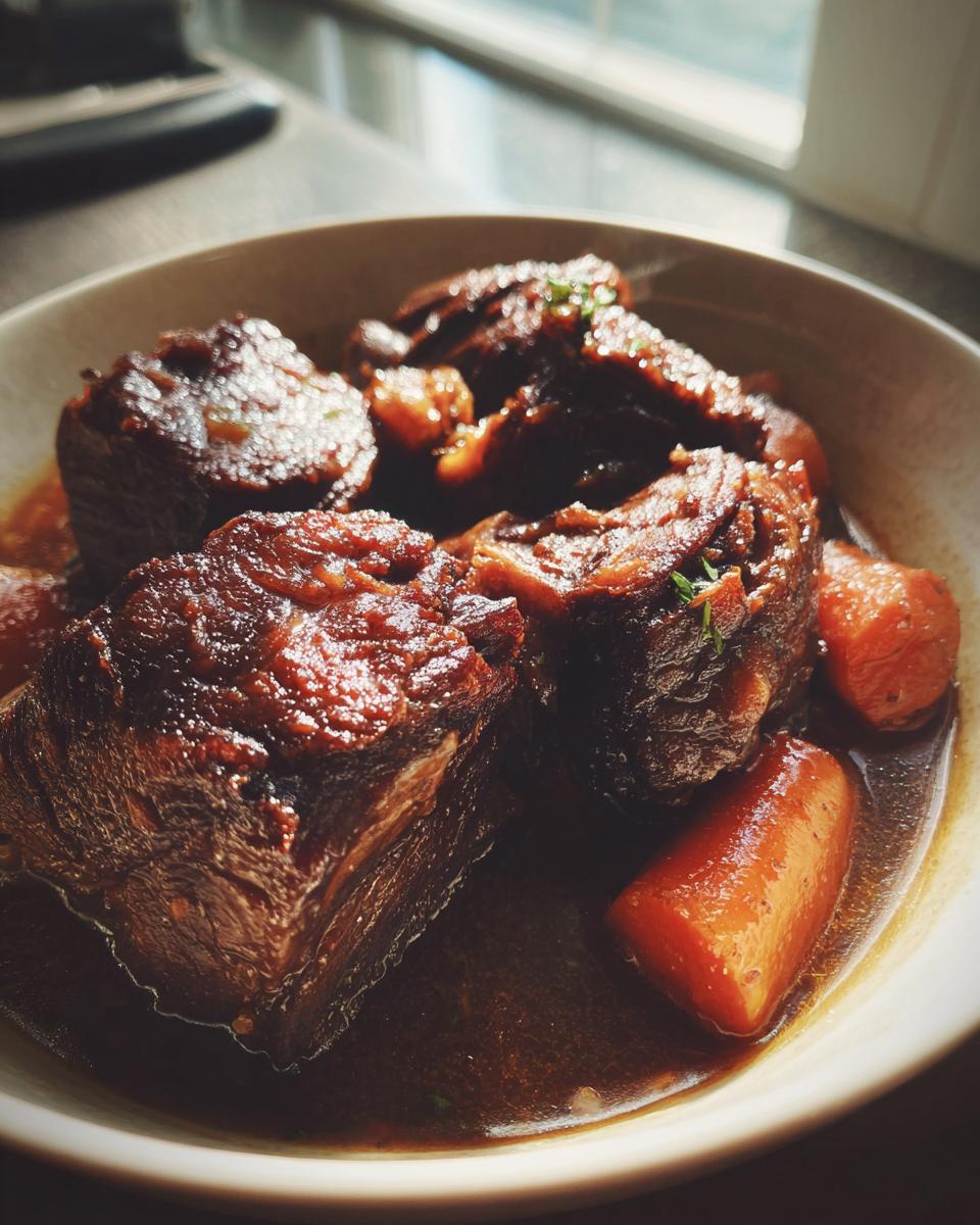 Close-up of tender braised short ribs in a rich sauce with chunks of carrots.