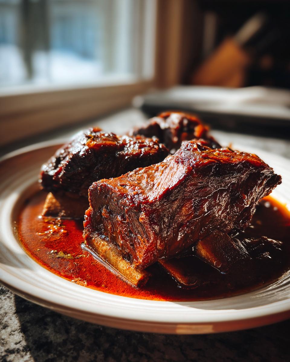 Close-up of tender Braised Short Ribs glistening in rich, dark sauce on a white plate.