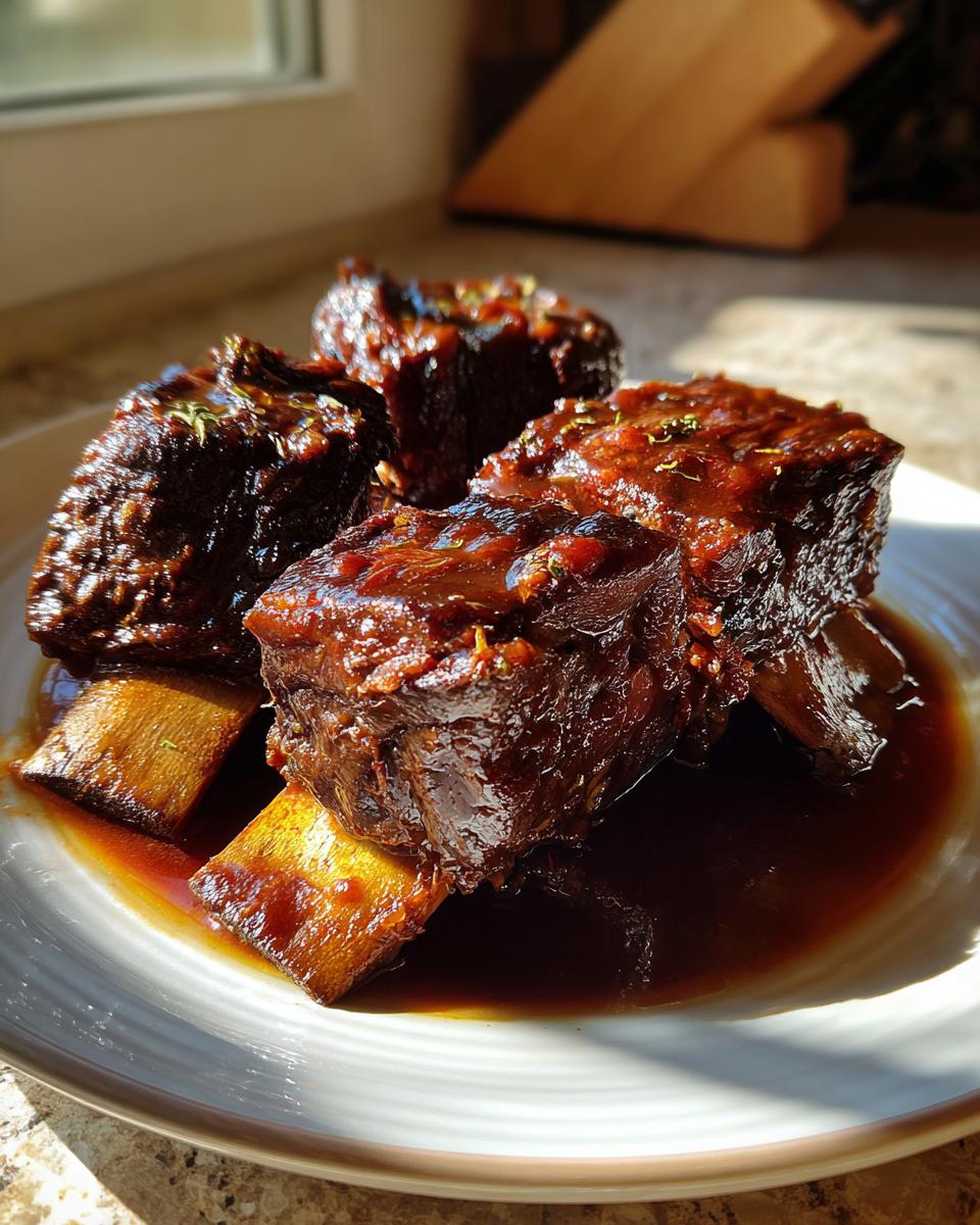 Close-up of tender Braised Short Ribs coated in a rich, glossy sauce, served on a white plate.