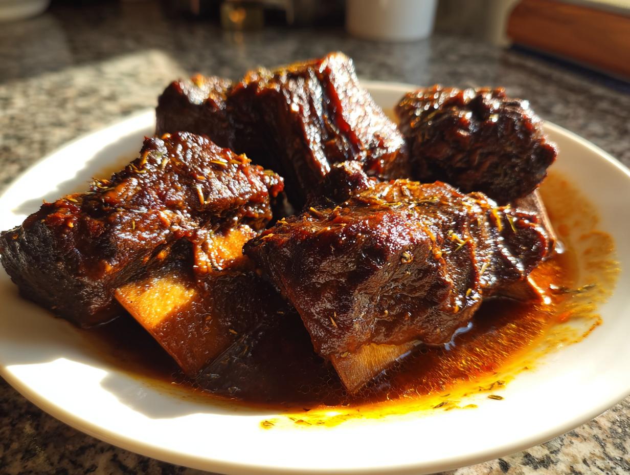 Close-up of tender braised short ribs glistening in a rich sauce, seasoned with herbs.