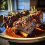 Close-up of tender Braised Short Ribs glistening in rich sauce, garnished with fresh thyme sprigs.